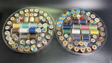 2 Plastic Round Spool Thread Holder  68 Wooden Spools  35 Thread Spool All VTG