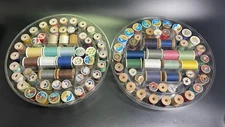2 Plastic Round Spool Thread Holder + 68 Wooden Spools + 35 Thread Spool All VTG
