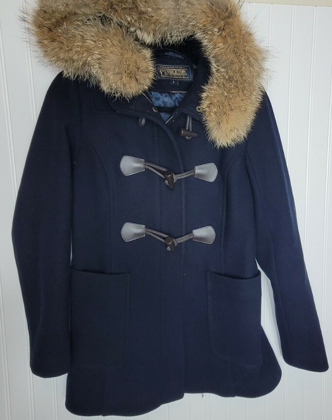 Pendleton Blue Berkley Twill Wool Blend Coyote Fur Trim Women's Coat