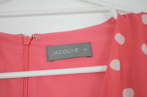 Jacqui E Dress Womens 14 Pink Polka dot Fit Flare Belted Short Sleeve V neck - Picture 8 of 13
