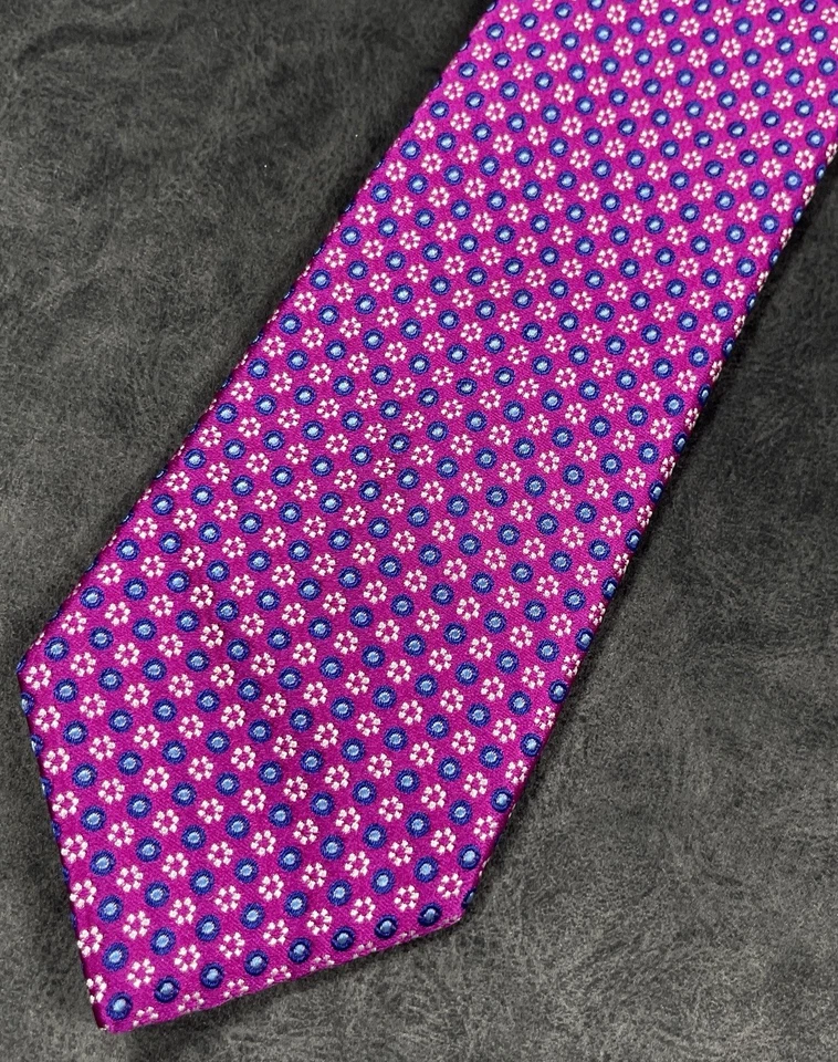 TED BAKER London Men's 100% Silk Tie Pink Blue Floral Geometric Pattern 58/2.75 - Image 2 of 4