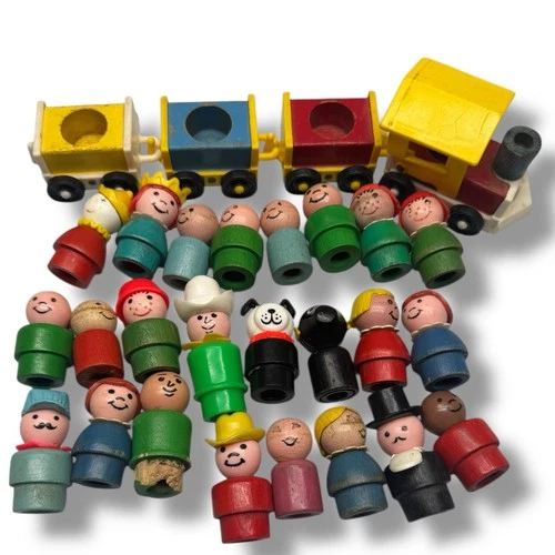 Vintage Fisher Price Little People Huge Lot of Wooden People Rare Clown, Train