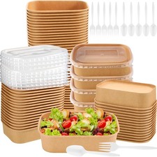 Set of 100 17 oz disposable kraft paper bowls with lids, forks and spoons,