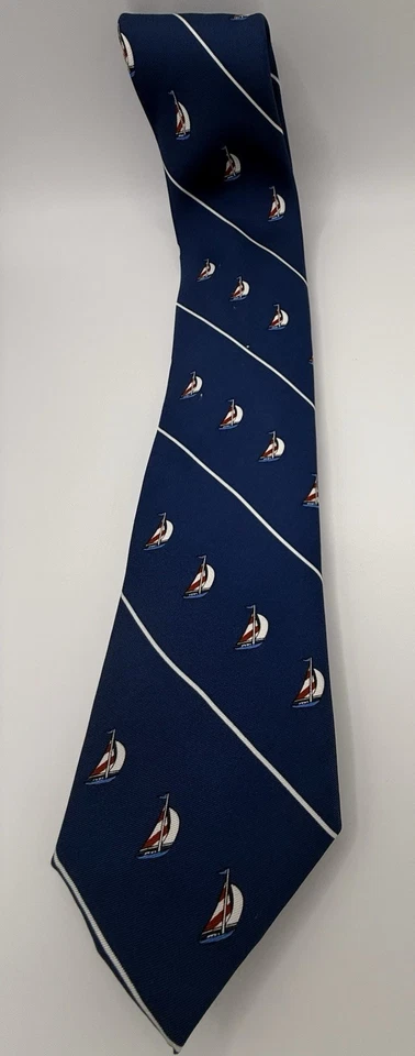 Nautica 100% Silk Front/Cotton Tail Blue Sailing Tie Embroidered Light House - Imagem 2 de 4