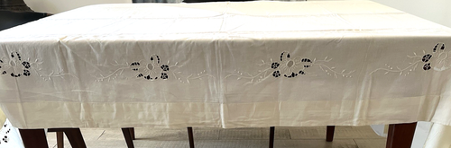 Vtg Embroidered Flat Sheet Italy Cut & Drawn Work Ecru Cotton F/Q 90x100" UNUSED - Picture 2 of 8