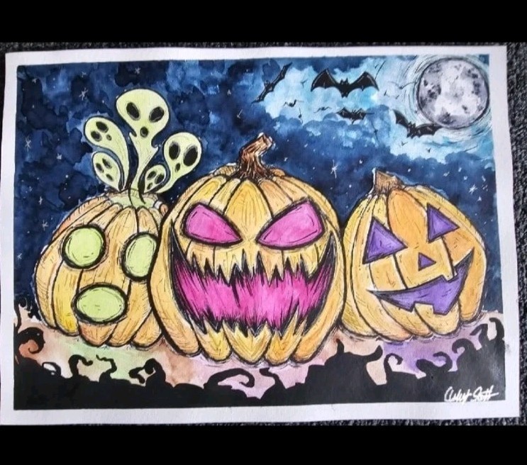 Halloween Pumpkins Original Watercolor Mixed Media Painting 11x15in