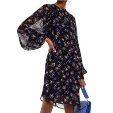 Ganni Floral Georgette Mini Shift Dress - Black Purple - EUR 34 - US 2 - XS