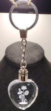 Engraved Heart-Shaped Crystal Keychain Clear Floral Etched Modern Design