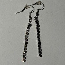Silver Tone Dangle Earrings Rhinestone Drop Sparkle Elegant Girls Fishhook 1.5"