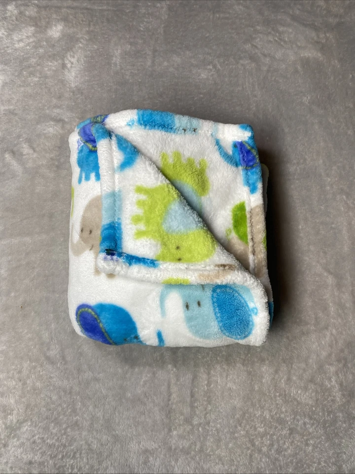 Blankets and Beyond Baby Blanket Green Blue Tan Elephants White Fleece Lovey - Image 2 of 4