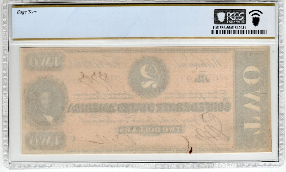 T-70 PF-5 1864 $2 Confederate Paper Money - PCGS-B About Uncirculated 55 details - Image 2 of 2