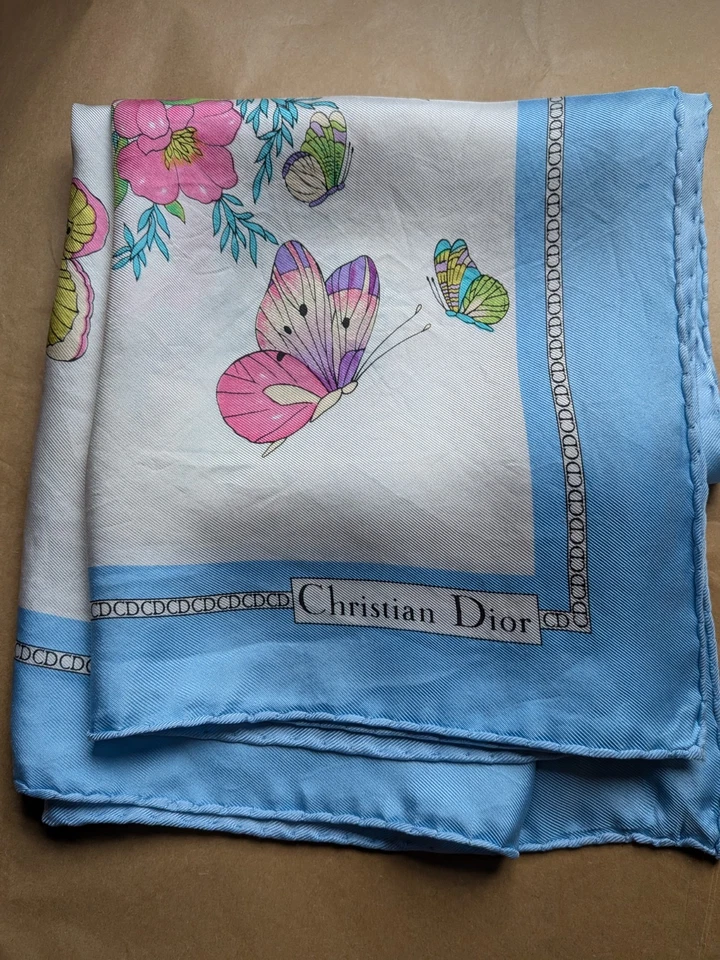 Vintage Christian Dior Butterfly Floral Basket Silk Square Scarf Large 34" - Image 2 of 4