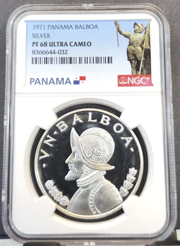 1971 PANAMA SILVER 1 BALBOA VASCO NUNEZ NGC PF 68 ULTRA CAMEO SCARCE GEM PROOF