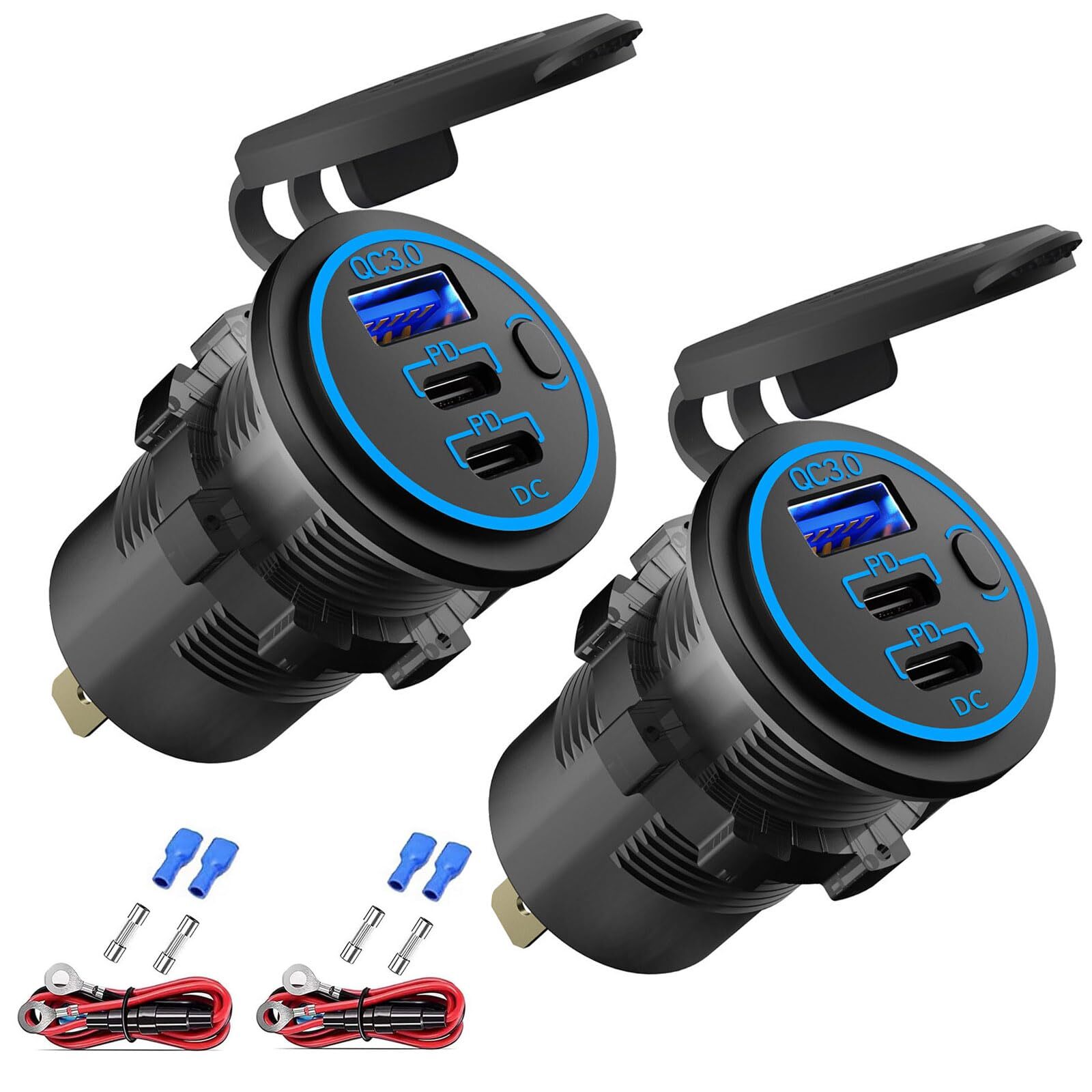 2-Pack 12V Dual USB-C PD3.0 Fast Charger with Quick Charge Ports