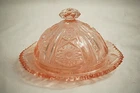 Pink Depression Glass Butter Dish Dome Lid Floral Pattern Sawtooth Edge