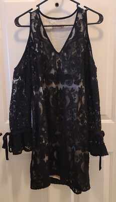 Bronte Black Lace Overlay Nude Lining Bell Sleves | eBay
