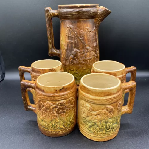 VNTG Signed 1920s McCoy Tankar Pitcher and Mug Set Pottery Brushware KOLORCRAFT