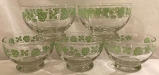Glass Dessert Bowls/Dishes Green Floral Leaves Set Of 5 Excellent