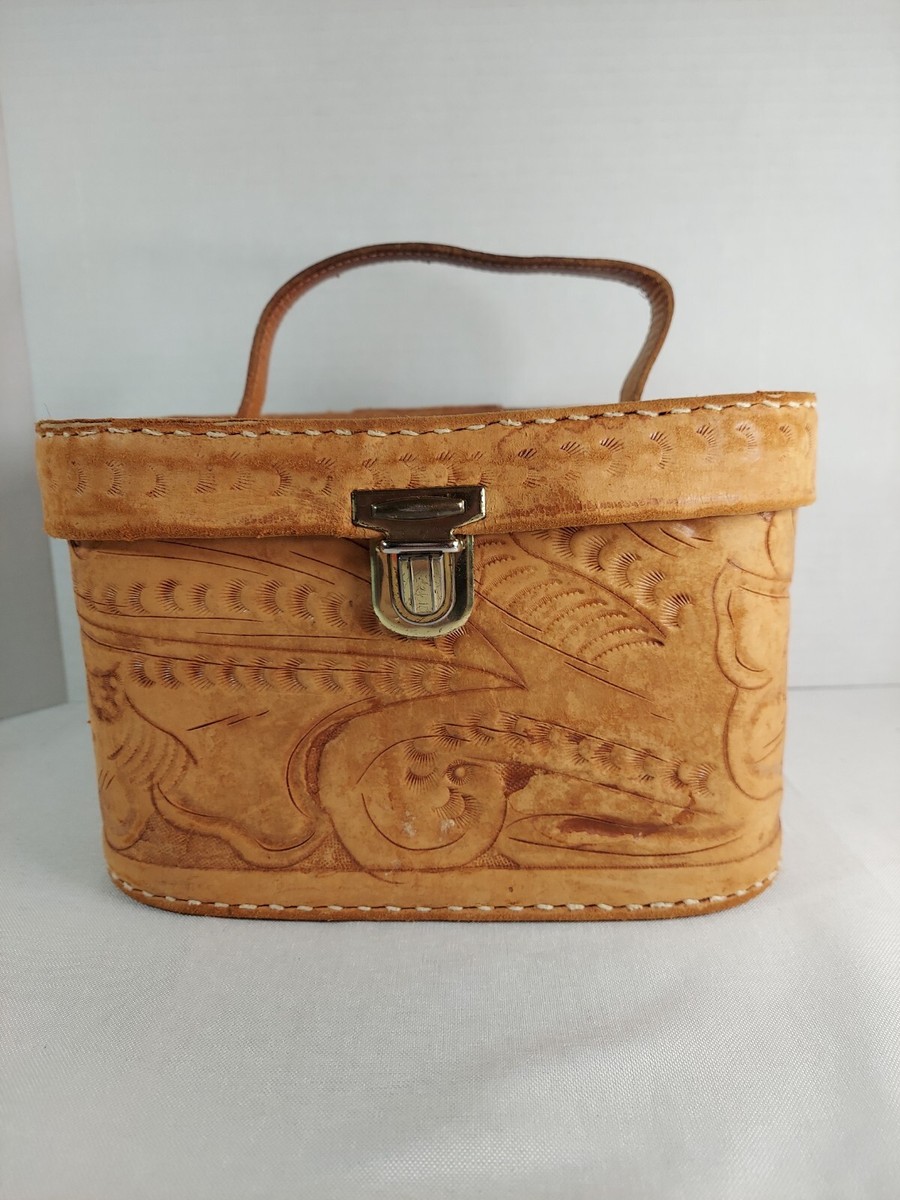 Hand tooled leather vintage make-up case, make up travel case