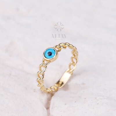 14K Gold Evil Eye Ring, Panzerkette Stapelring, zartes Evil Eye Band, Mini