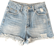 SHEIN High Waisted Denim Shorts with Frayed Hem Distressed Light Rinse Size XS