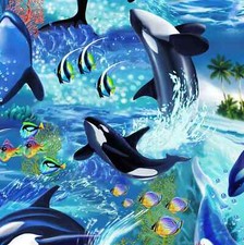 Sea Life Vacations Killer Orca Whales Allover Fish Ocean Fabric By the FQ 1/4 YD