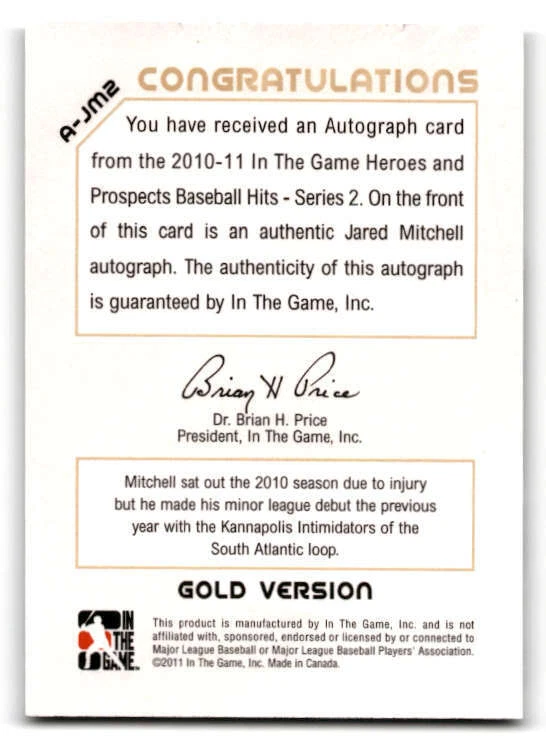 2011 ITG Close Up AUTO Gold #JM2 Jared Mitchell HN *#/10 (ref 207907) - Image 2 of 2