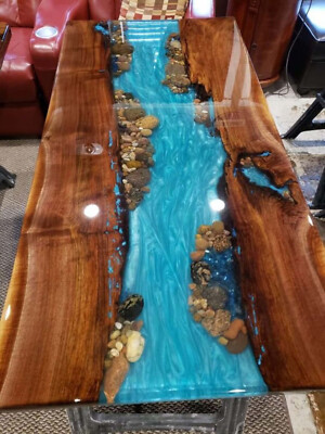 Elegant Epoxy Resin Countertop Dining Table with Natural Stone Wooden Table  Deco