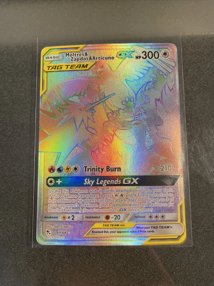 RAINBOW Moltres Zapdos Articuno GX SECRET RARE Pokemon 69/68 Tag Team Holo  - LP