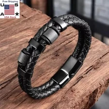 Men's Stainless Steel Leather Braided Bracelet Magnetic Clasp Bangle Wristband