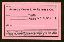 Atlantic Coast Line Railroad Valuable Package Shipping Label - Bright Pink Paper