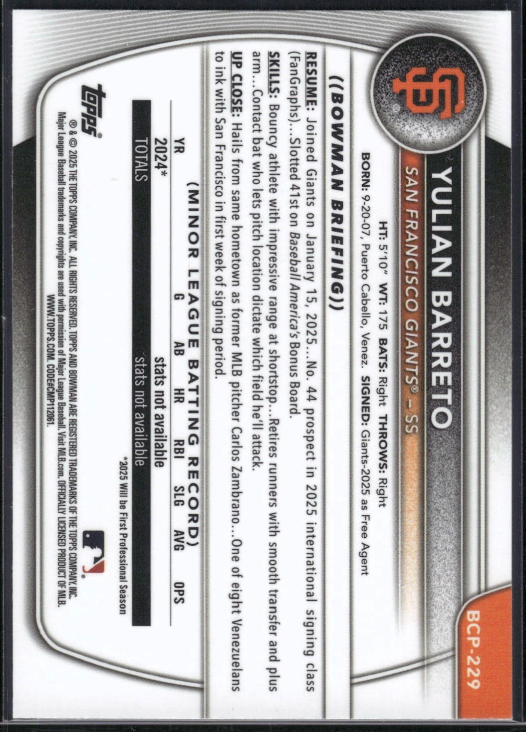 2025 Bowman Chrome #BCP-229 Yulian Barreto Laser Refractor