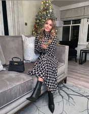 Zara Geo Dress Print Midi Geometric Dress Black Ecru Size M Medium 10 12 