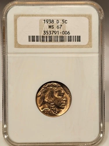 1938-D MS67 Buffalo Nickel NGC Super Gold-Orange Toning --2nd highest grade
