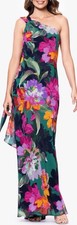 New Xscape Evenings Floral One-Shoulder Chiffon Gown In Green Multi Sz 14 198