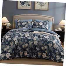 Comforter Set -7 Pieces Floral Comforter Set for All Seasons, Queen Navy Blue