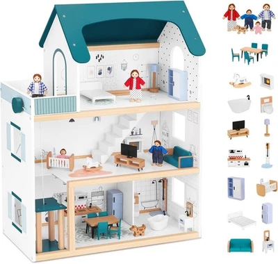 Puppenhaus Holz Mit Hebbarem Aufzug 21 Möbelstücke 4 Puppen ab 3 Jahren Mädchen - Bild 1 von 4