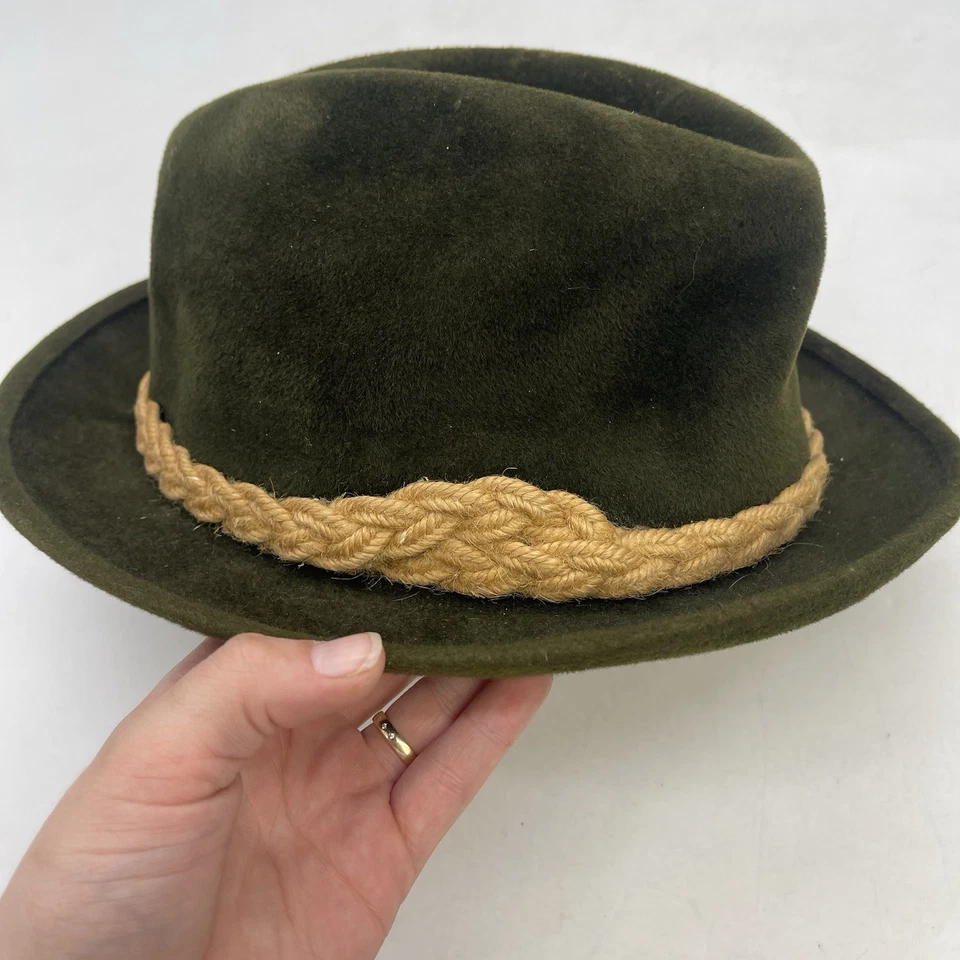 De colección Stetson Fedora Sombrero Verde Oliva Terciopelo Fieltro Lana Mafia Elegante Cuerda Cinturón Foto 4 de 4