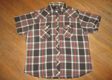 vtg WRANGLER WESTERN SHIRT Pearl Snap Black Red Green Plaid Short Sleeve Men 2XL