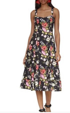 AVEC LES FILLES Floral Fit & Flare Dress In Black Flower 98% Cotton Size 6.