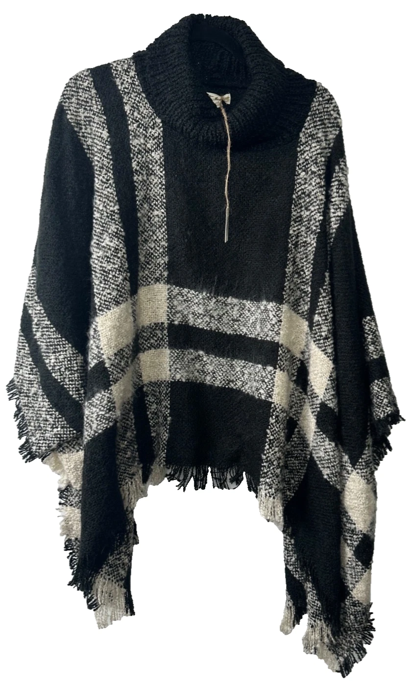 NEW World Market Poncho Cape Black Plaid One Size Acrylic Turtleneck Fringe D40