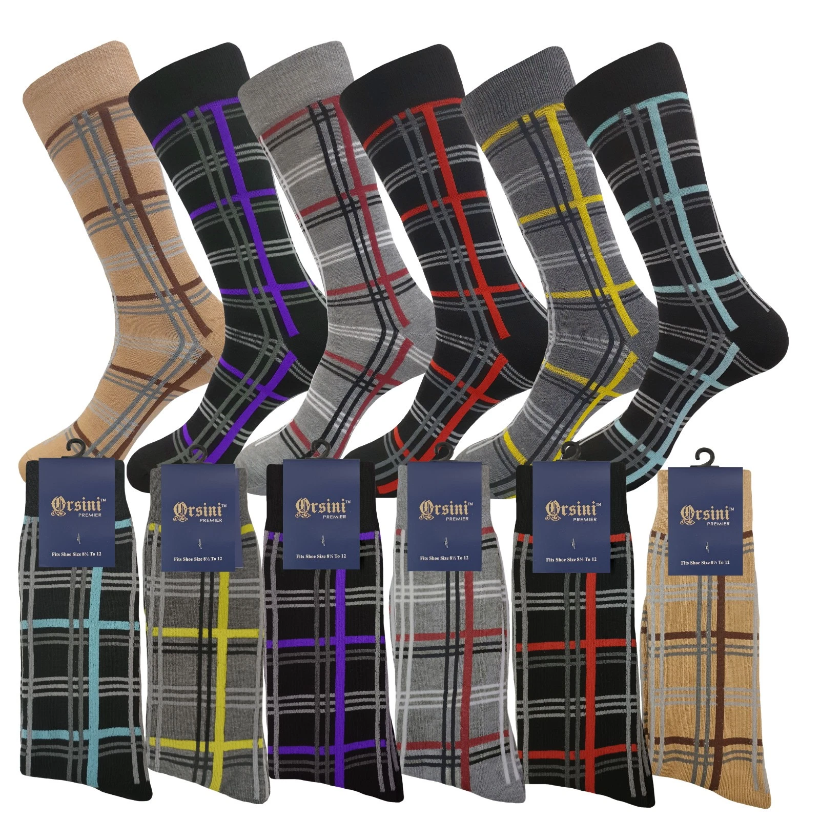 12-6 Pair Plaid Pattern First quality Multi color Men's COTTON Dress Socks 10-13