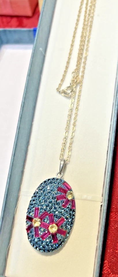Винтажный RL серебро 925 синий CZs и фиолетовый цветочный дизайн подвеска ожерелье - Изображение 2 из 4
