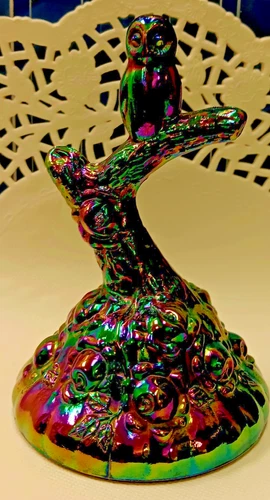 Vintage Fenton "Owl on a Branch" Amethyst Carnival Glass Ring Holder