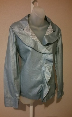 Size 10 ARMANI COLLEZIONI Chambray Blue Linen Blend Jacket Ruffle Womens - Picture 2 of 5