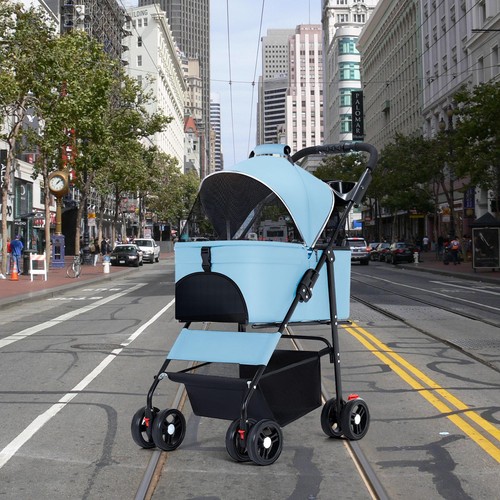 Foldable Pet Strollers 4 Wheels Carrier Cart w/Cup Holder for Cats & Dogs Blue - Picture 7 of 12