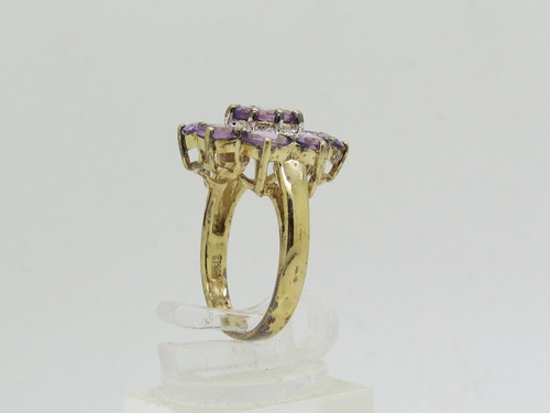 Gold OVER Sterling Silver .925 Oval Purple Amethyst Cluster Faceted Ring Size 7 - Picture 2 of 11