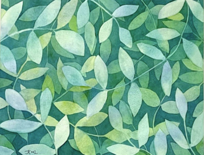 PAINTING WATERCOLOR 11X14 AND MAT 16X20 TREE LEAVES GREEN BLUE ORIGINAL ART