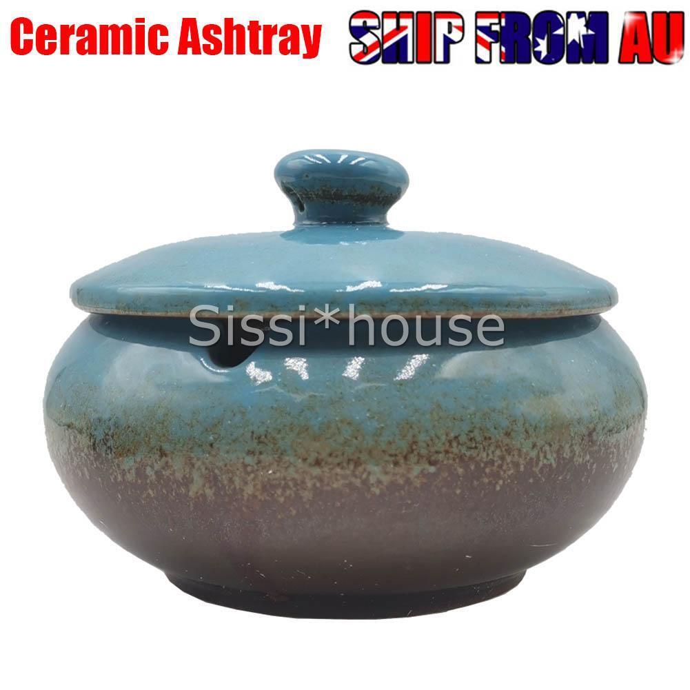 Blue Ceramic Cigarette Ashtray with Lid Windproof Ash for Home Office Outdoor