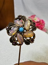 Vtg Goldtone stick pin Victorian Style w/ Faux Opal turquoise pink stones flower